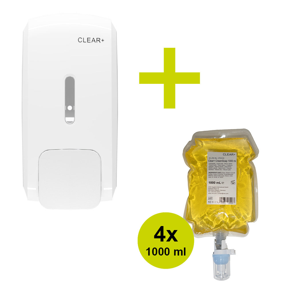 Voordeelbundel: Gratis Clear+ Crème Zeep Dispenser bij 4x 1000ml navulling