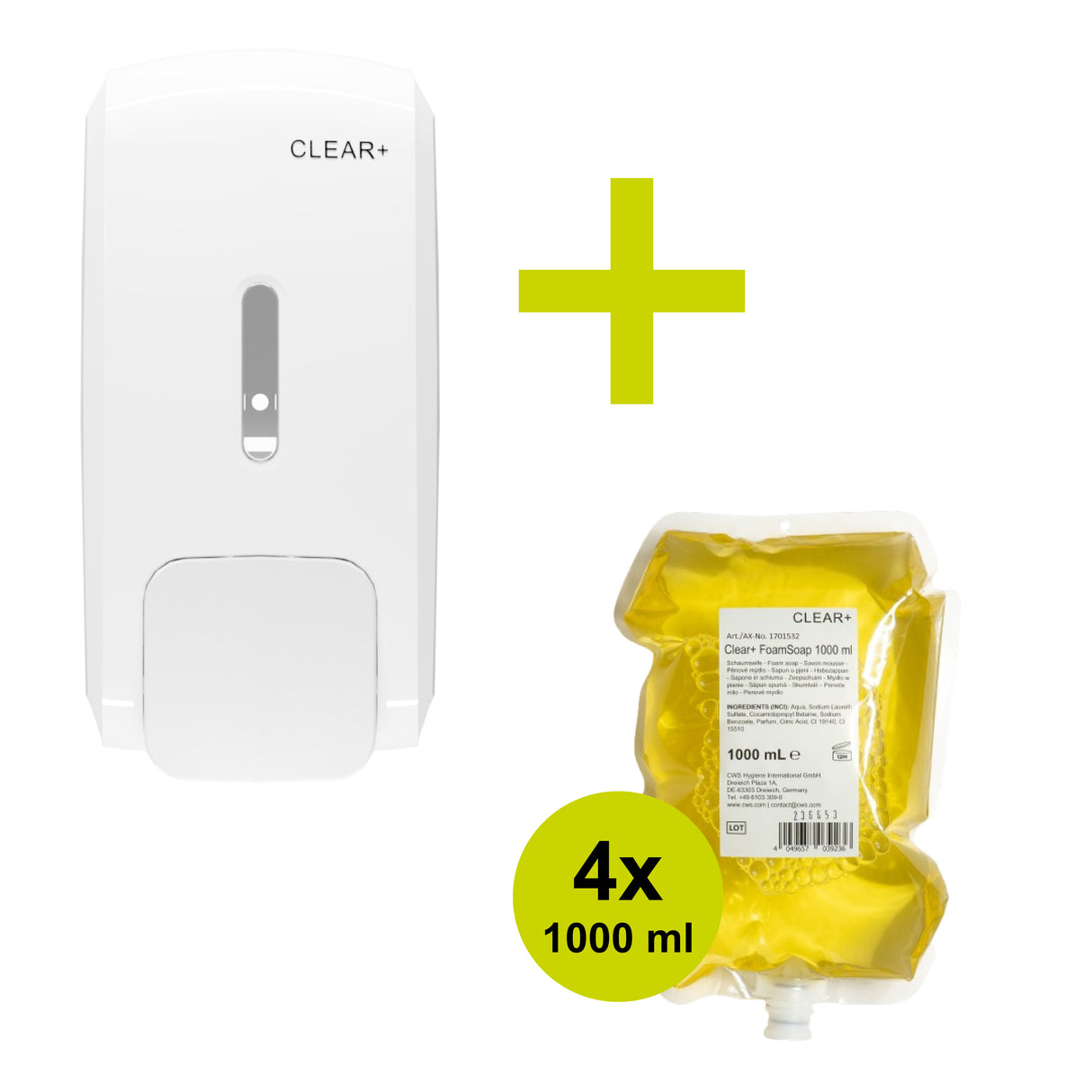Voordeelbundel: Gratis Clear+ Foam Zeep Dispenser bij 4x 1000ml navulling